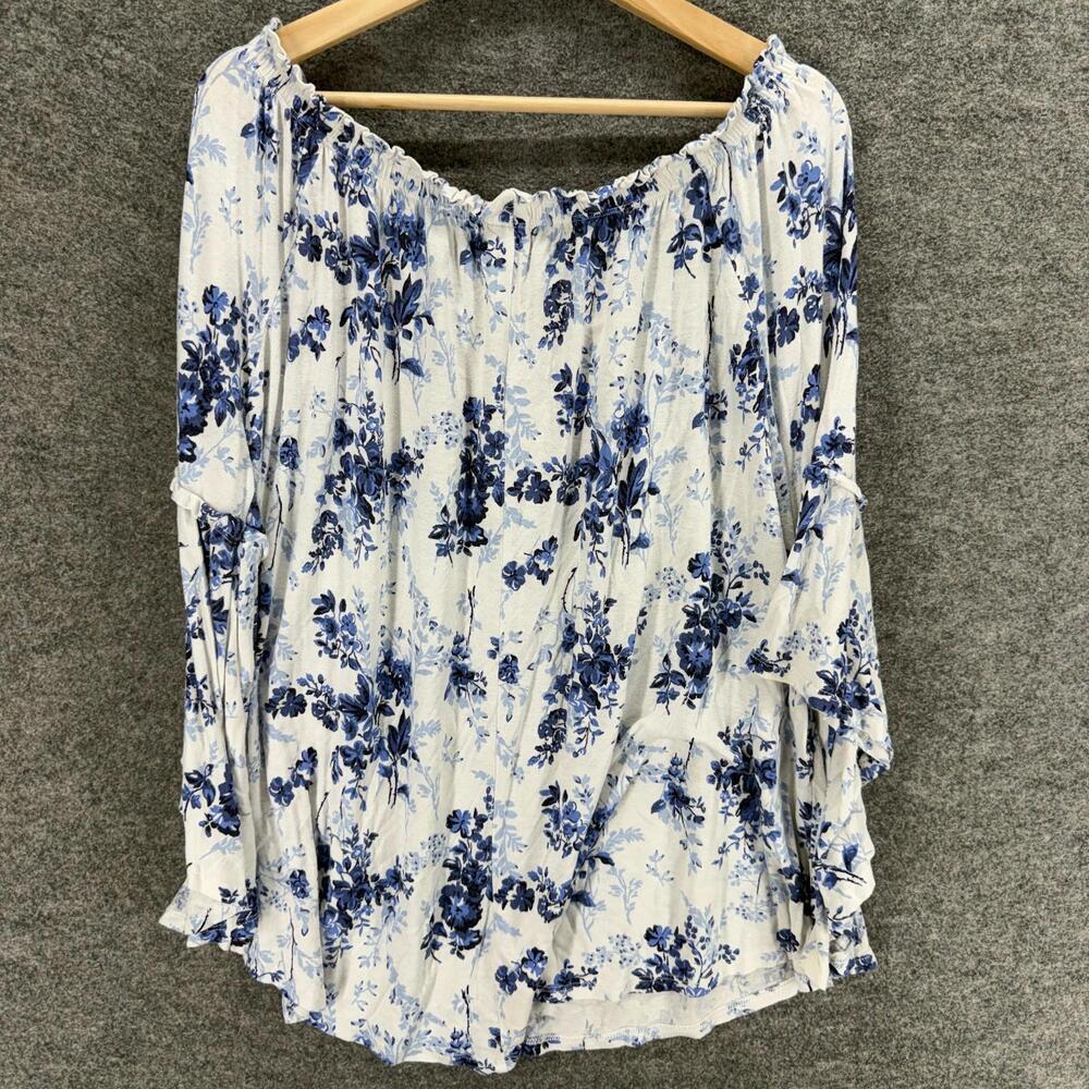 Time And Tru Blouse Women XL White Floral 3/4 Sleeve Round Neck Rayon Casual - Picture 2 of 6